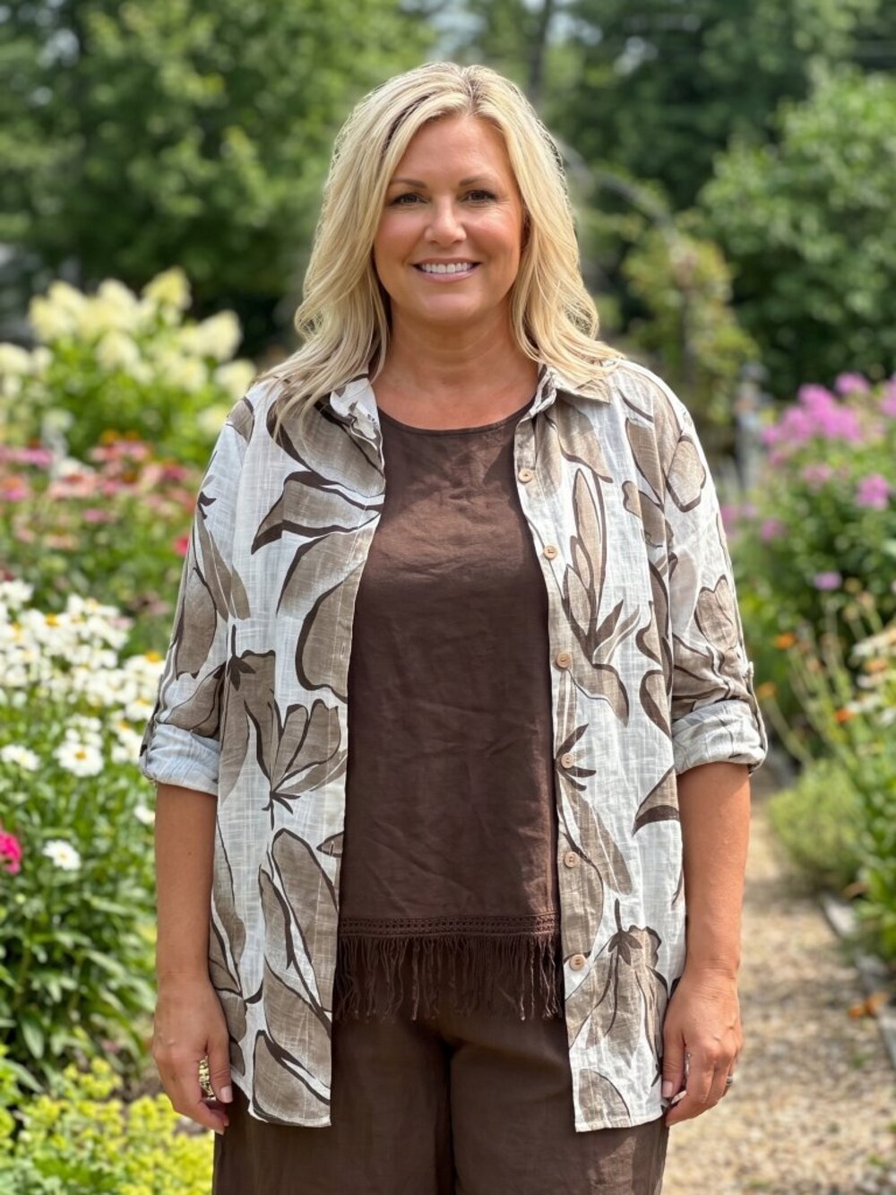 Made in Italy Plus Size Lightweight Cotton Botanical Leaf Button-Up